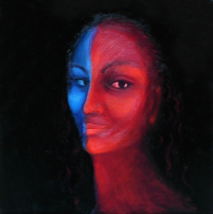 Frontal female portrait emerging from a near-black ground, the left half of the face lit cobalt blue, the right half red