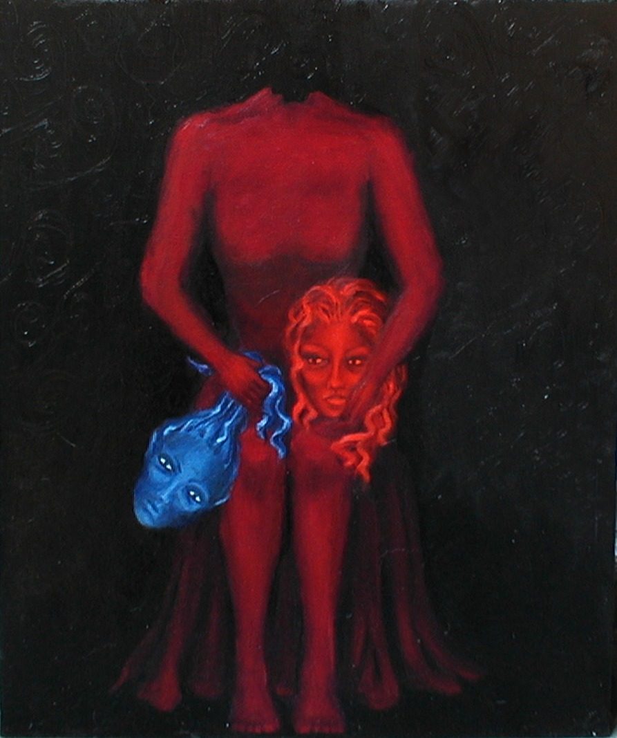 Headless standing nude in deep reds holding two severed heads at hip level, one blue and one red-haired, against a near-black ground with faint incised spirals