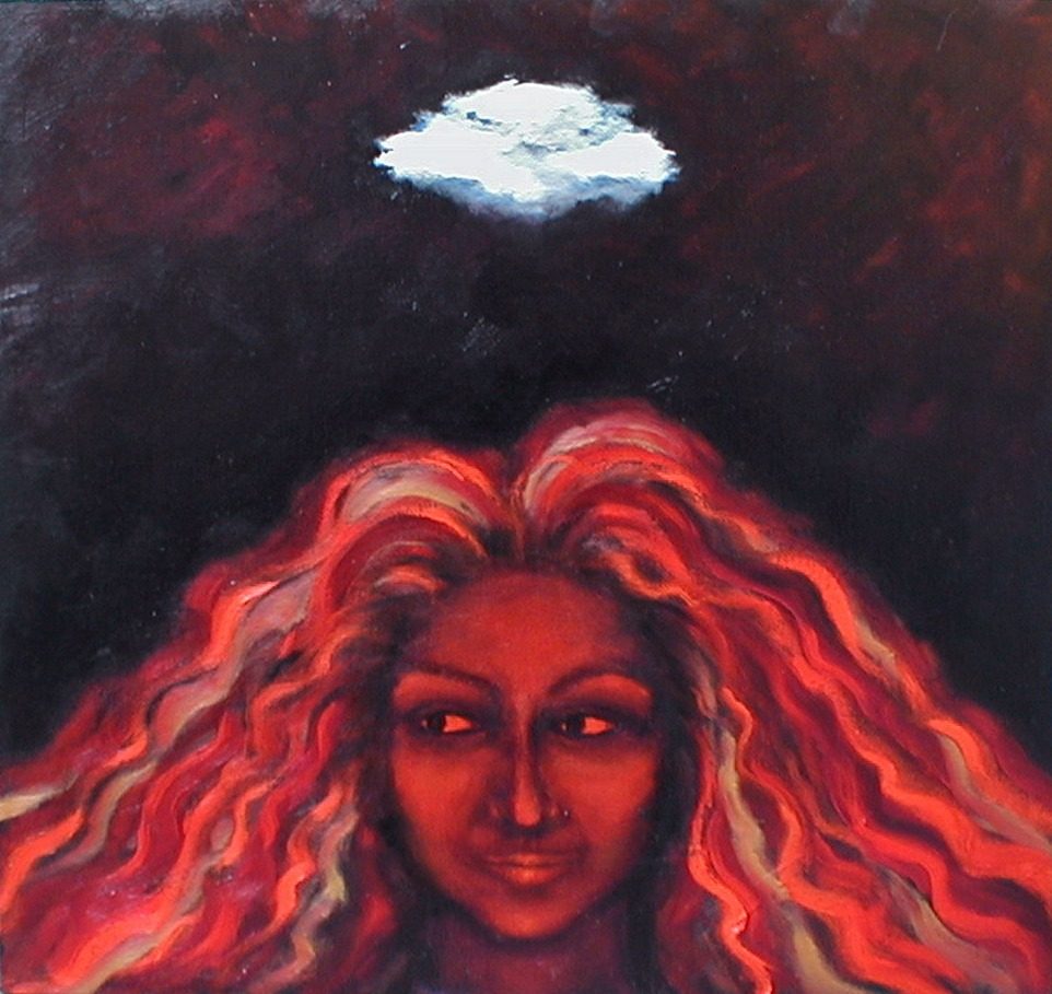 Frontal female face with red-toned skin and a wide mane of flame-orange and cream wavy hair, a single small white cloud floating above on a near-black ground