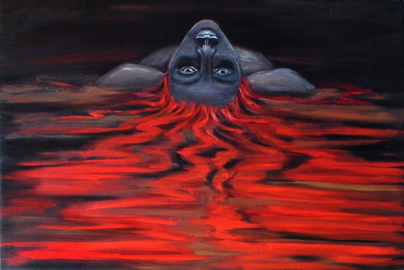 Inverted grey-blue face breaking the surface of black water, flame-red hair spreading into lava-like horizontal ripples across the foreground