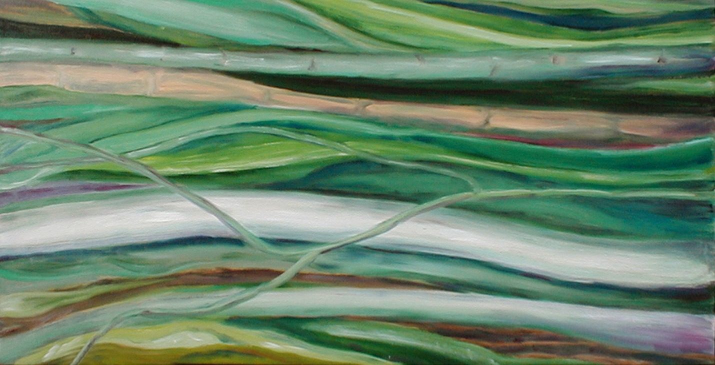 Horizontal abstract of flowing plant stems in layered green, teal, white and pale-beige bands