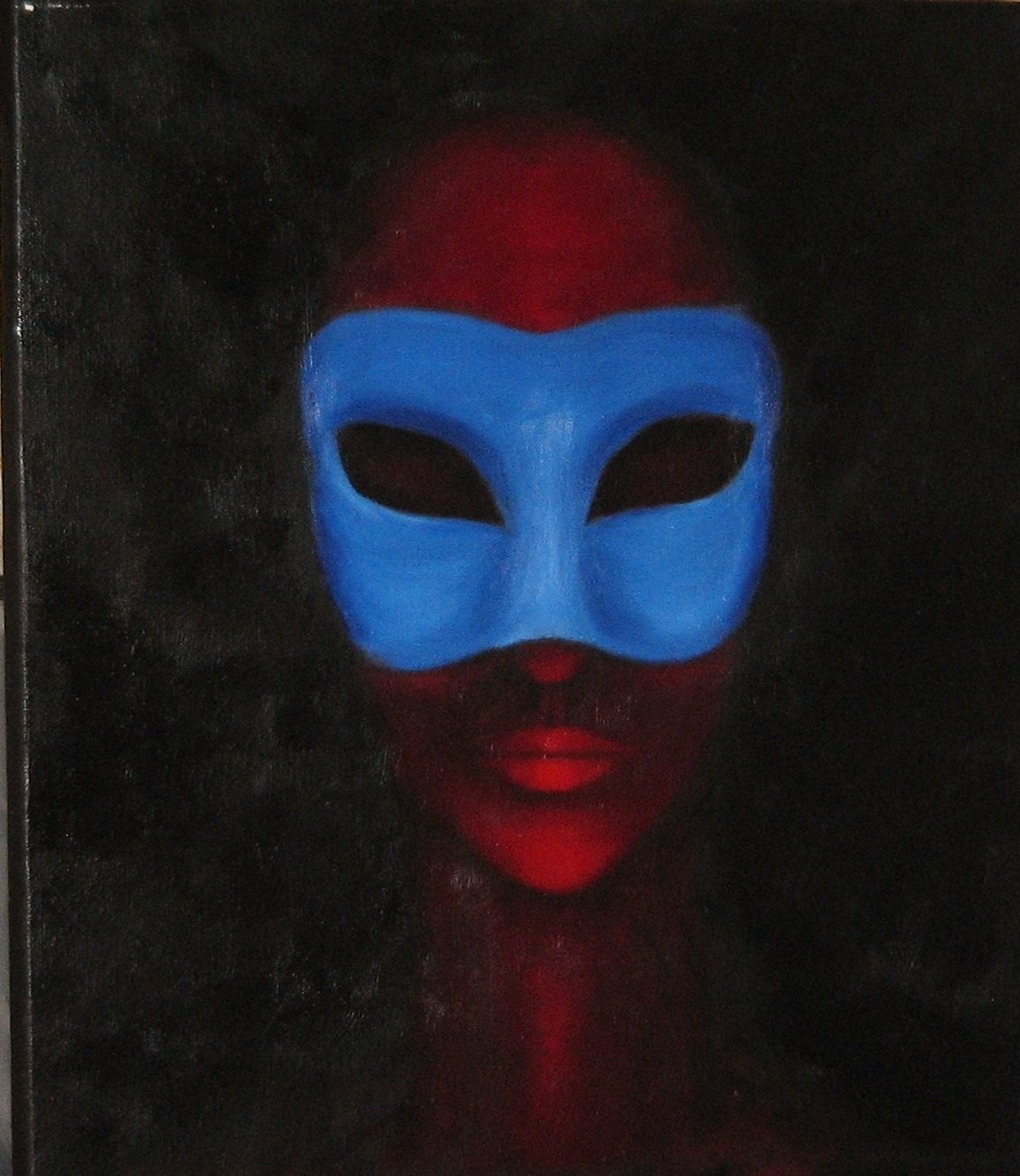Dark crimson female face emerging from a black ground, wearing a pale-blue Venetian half-mask with black almond eyeholes, red lips below