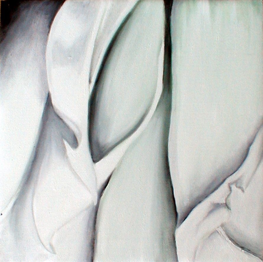 Close-up of overlapping pale drapery or calla-spathe forms in white and pale celadon green, softly modelled with a dark charcoal wedge