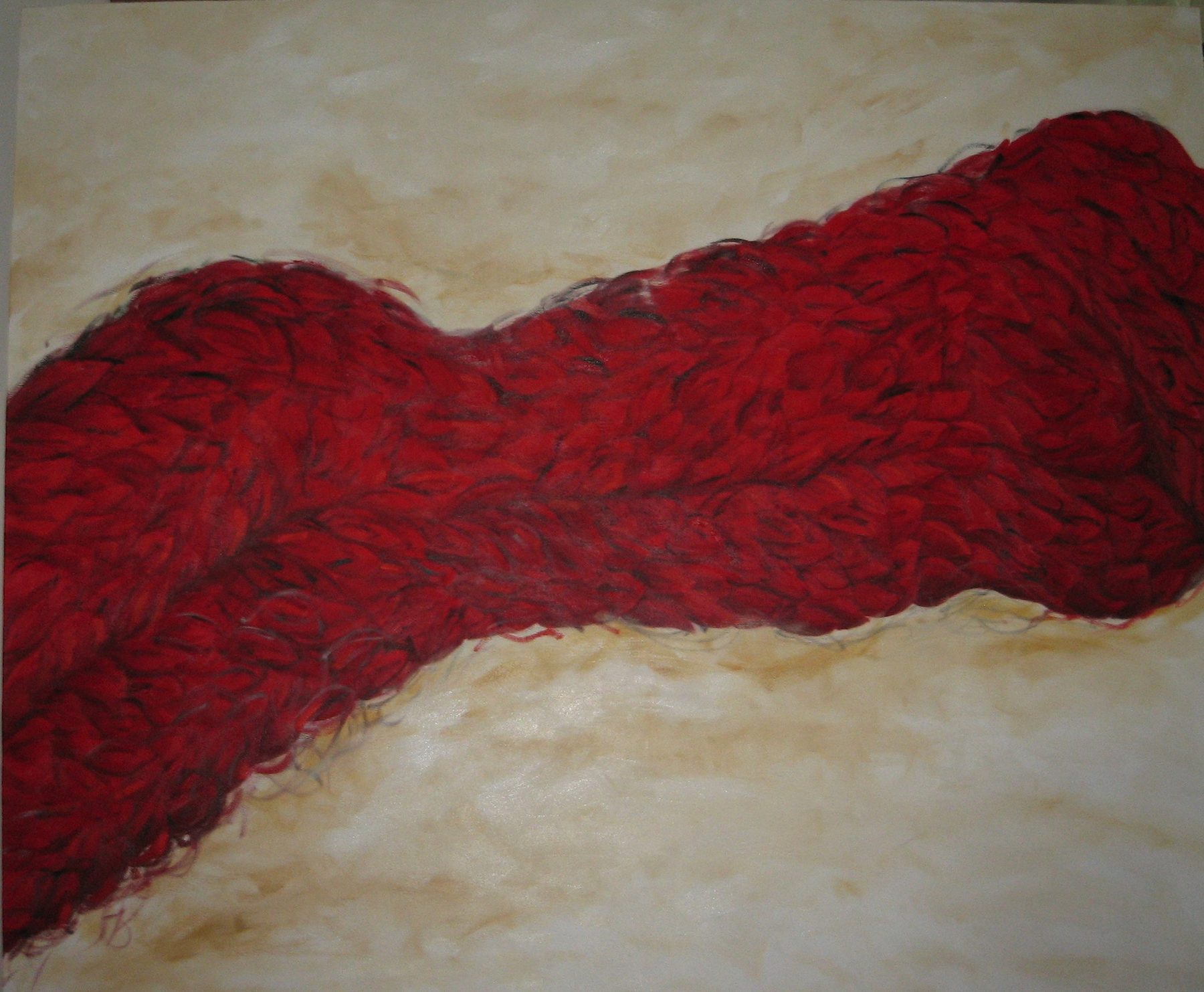 Reclining back-view nude built entirely from dense crimson-red petal strokes, lying diagonally across a warm cream-parchment ground