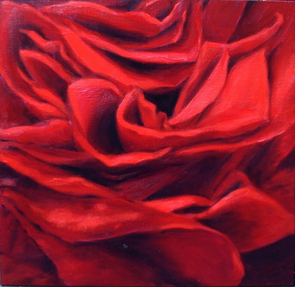 Extreme close-up of a deep red rose whose swirling petals fill the frame, scarlet highlights over crimson-to-near-black shadows