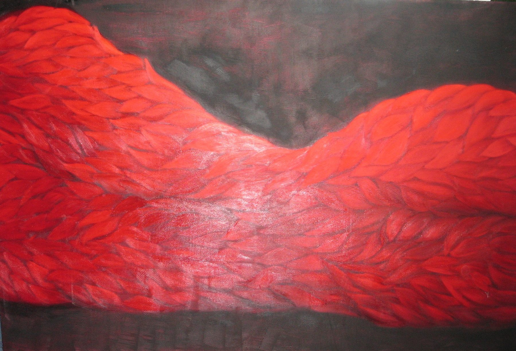 Large horizontal canvas: a swelling wave of vermilion-red braided leaf-like strokes on a near-black ground, a dark V-notch at upper centre