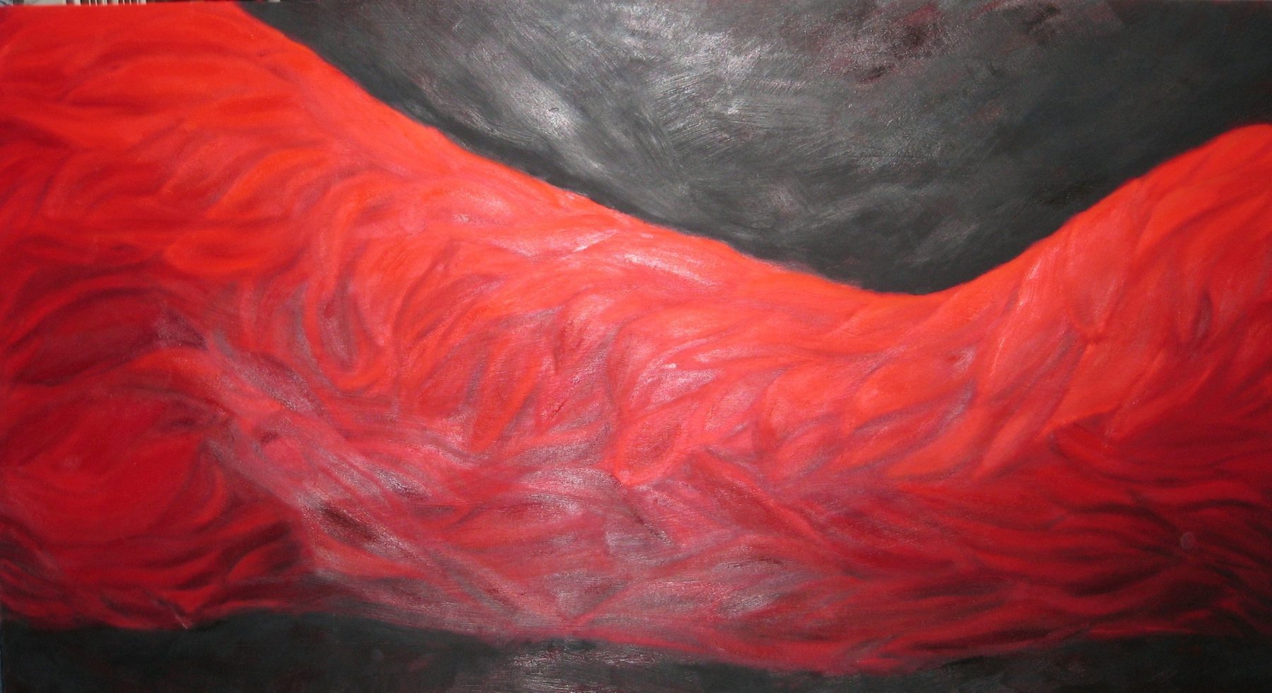 Wide panoramic canvas: a rolling wave of fiery red drapery with flame-like folds, a dark wedge opening at upper centre, a dark band along the bottom