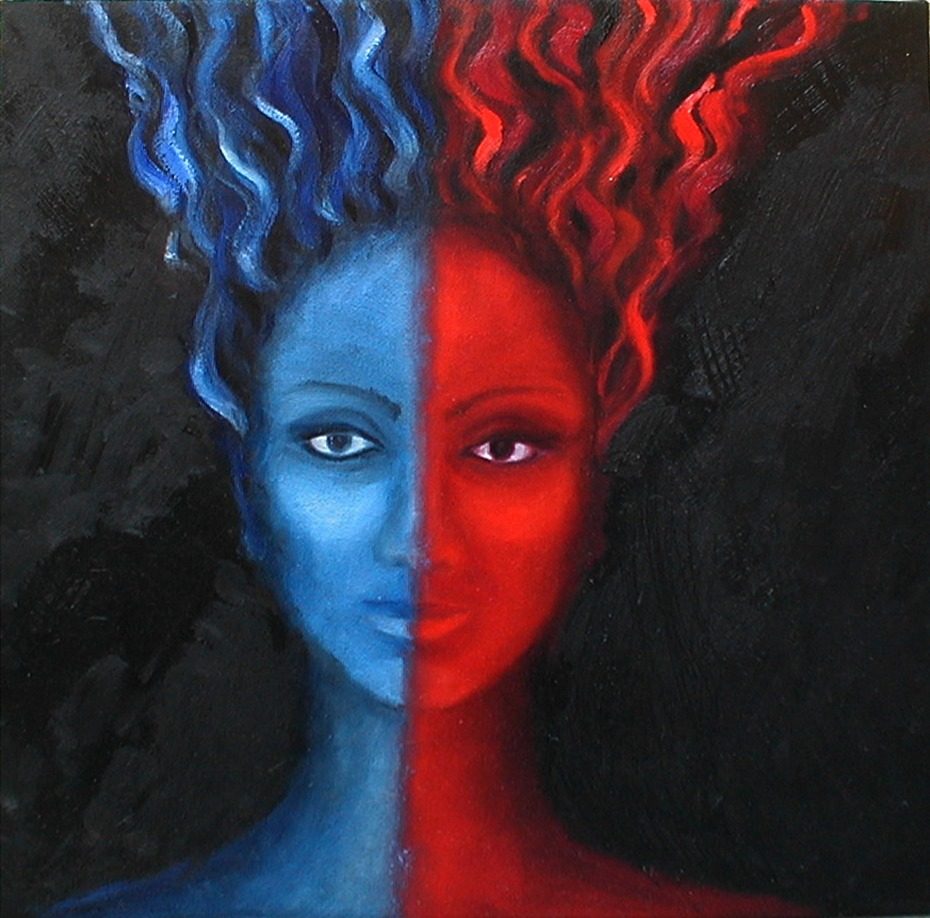 Frontal female face split vertically down the centre: left half cobalt blue with rising blue hair, right half saturated red with flame-red hair, on a near-black brushy ground