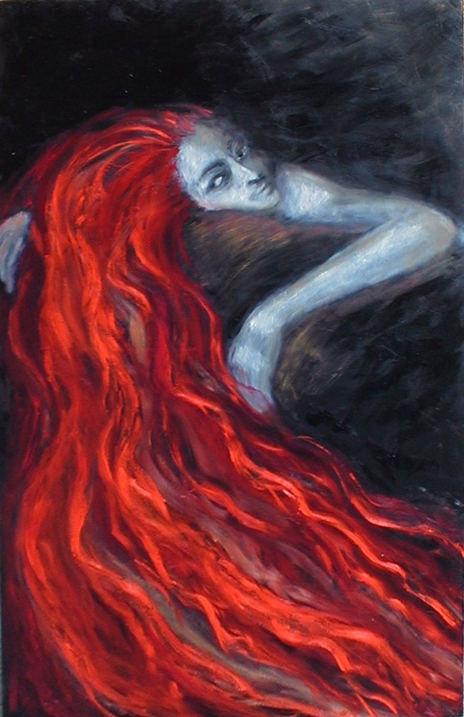 Reclining female figure with pale bluish skin, head resting on her folded arm, engulfed by a river of flame-red hair sweeping across a near-black ground